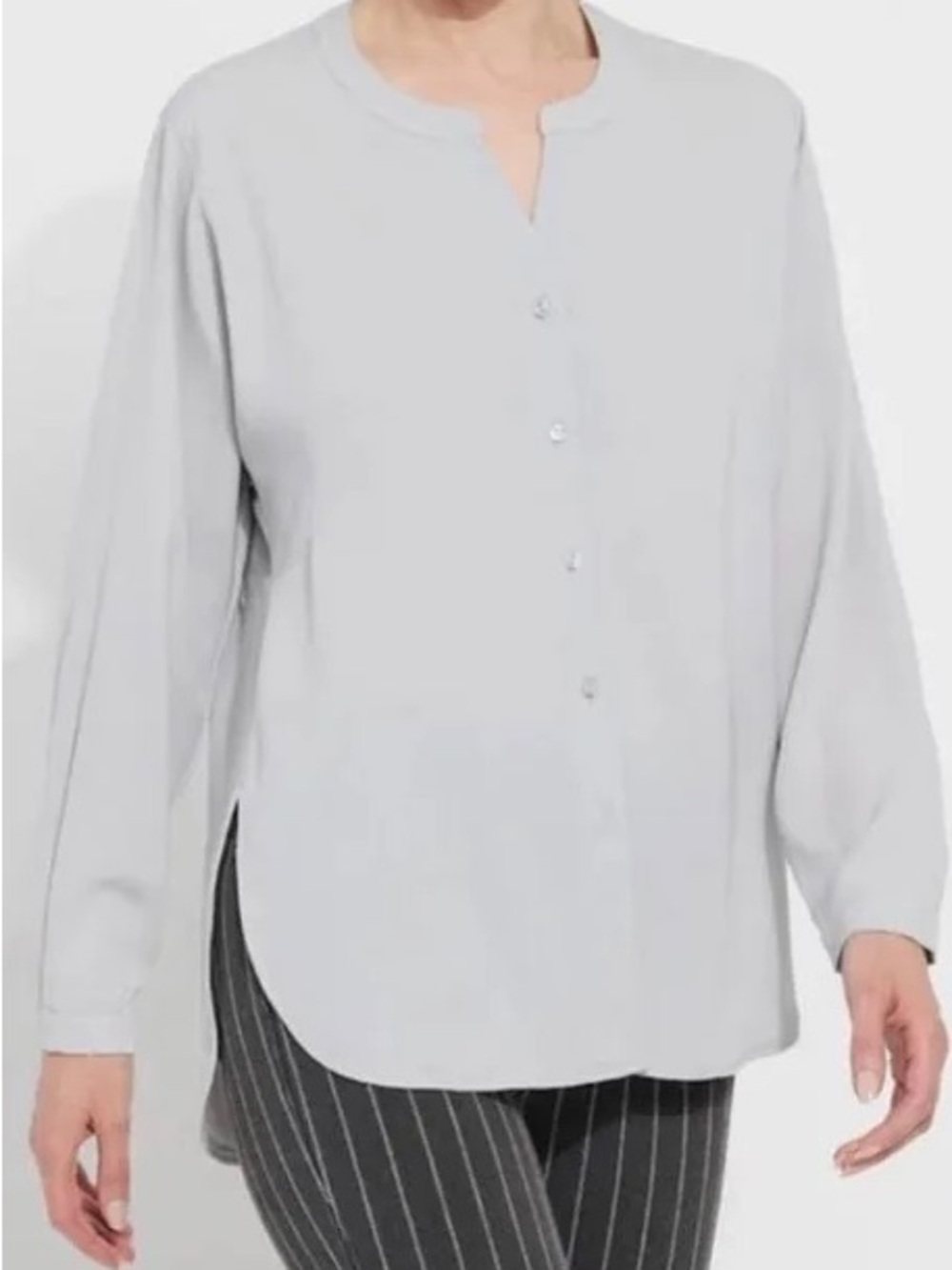 Lysse Pearl Grey Collarless Button Down Blouse M NWT Long Sleeve Workwear